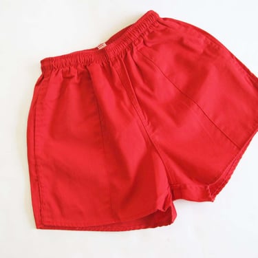 Vintage 80s Cherry Red Elastic Waist Shorts XS S  - 1980s High Waist Cotton Made in USA Casual Lounge Shorts 