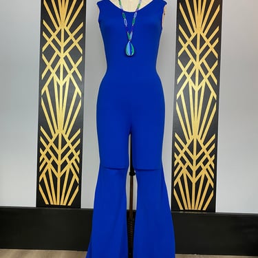 1970s jumpsuit, vintage catsuit, 70s bell bottoms, cobalt blue, stretch jersey, small medium, Selena, one piece, hourglass, sexy, flared leg 