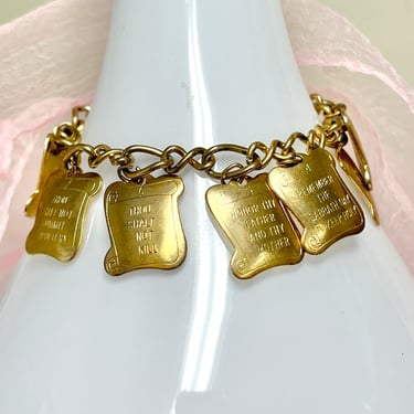 Vintage 50s 60s Charm Bracelet, Ten Commandments, Chain Link Gold Tone, Religious, Christian, Bible Verse 