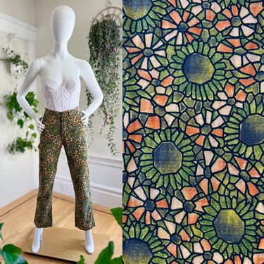 Vintage 1990s Jeans | 90s Italian Stained Glass Floral Novelty Print Mid Rise Green Orange Pants | medium 