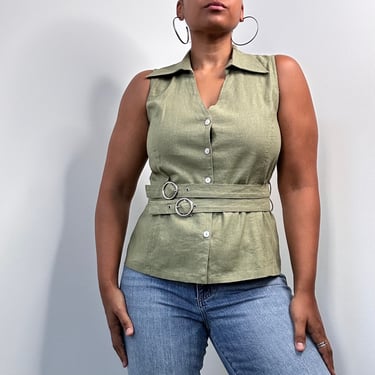 90s Linen Blend Button Up Safari Vest Top in Sage Green | Size Extra Large 44 