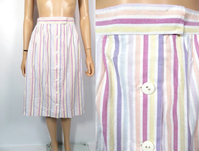 Vintage Pastel Striped Seersucker Button Front A Line Midi Skirt Size 26 Waist 
