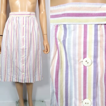 Vintage Pastel Striped Seersucker Button Front A Line Midi Skirt Size 26 Waist 