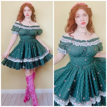 1970s Vintage Green Romantic Western Dress / 70s Puffed Sleeve Rosette Lace Trim Square Dance Dress / Medium 