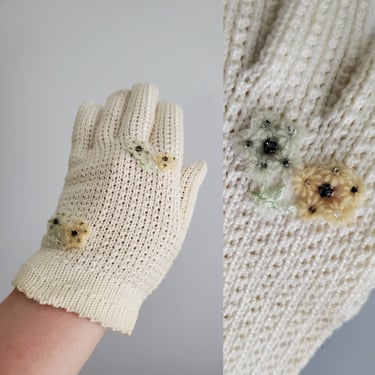1950s Italian Knit Gloves with Flower and Rhinestone Detail - 50s Accessories - 50s Day Gloves 