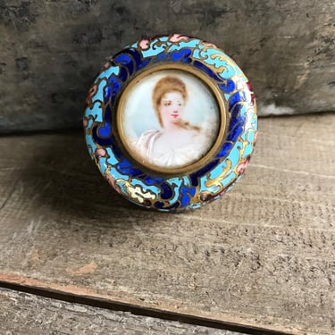 Antique Gilt Bronze Champleve Box with Watercolor Portrait, Enamel Dresser Boudoir Box, KH 