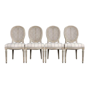 Antique French Louis XVI Style Painted Cane Back Dining Chairs W/ Striped Fabric - Set of 4 