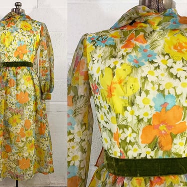 Vintage Floral Maxi Dress Union Made Long Bishop Sleeves Maxi Yellow Green Watercolor Flower Power Hostess Gown 1960s 60s Dopamine XS Small 