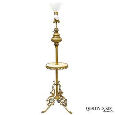 Victorian Bronze Griffin Figural Converted Oil Lamp Marble Side Table Floor Lamp