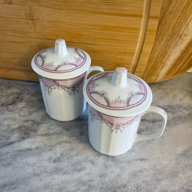 Vintage Purple Pink Fine China Coffee Mugs with Lids 