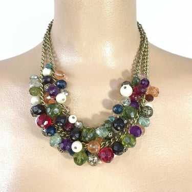 VINTAGE 60s 70s Jewel Tone Dangling Beaded 2 Strand Necklace 