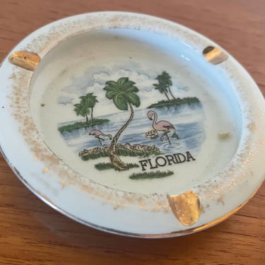 Vintage Florida Flamingo + Palm Tree Souvenir Ceramic Ashtray 