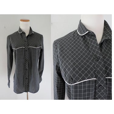 Vintage Levi's Blouse - Black & White Plaid Top - Long Sleeve Western Button Up Shirt - 70s 1970s - Size Small 