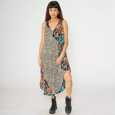 Leopard Floral Dress Animal Print Midi High Low Hem Sun Dress Sleeveless Sundress Beige Blue Orange Trapeze Medium Large xl 