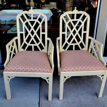 Pair Faux Bamboo Chinese Chippendale Painted Arm Chairs 