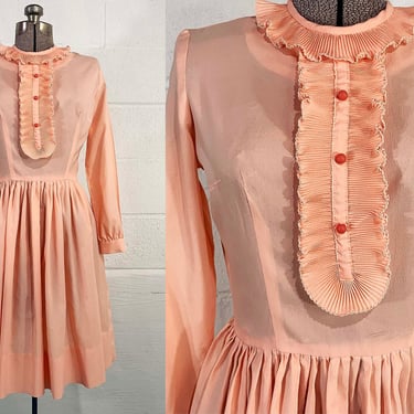 Vintage Peachy Pink Dress Mod Fit and Flare Twiggy Long Sleevess Ruffle Collar Lolita Kawaii Small 1960s 
