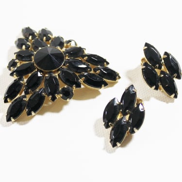 1960s pin earrings black rhinestones shield goldtone demi parure 
