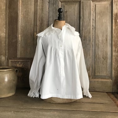French Chemise Blouse, Ruffle Peasant Shirt, Ruffle Collar Sleeves, White Cotton, French Farmhouse 