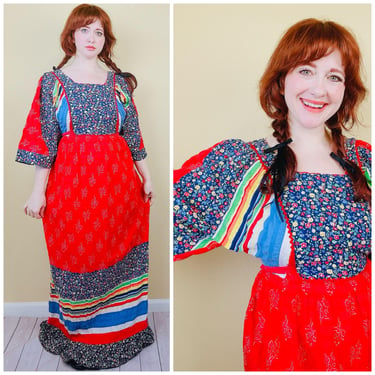 1970s Vintage Rainbow Calico Maxi Dress / 70s Cotton Kimono Sleeve Mixed Print Red Cotton Gown / XL 