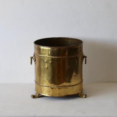 Vintage English Regency Style Large Drum Brass Planter with Hoop Handles 