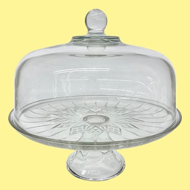 Vintage Cake Stand with Cloche Retro 1980s Anchor Hocking + Canfield + Clear Glass + Flower Design + Punch Bowl + Dessert Display + Kitchen 