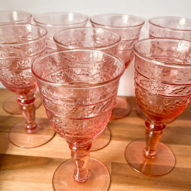 Set of Six Pink Pressed Patterned Wine Glasses. 