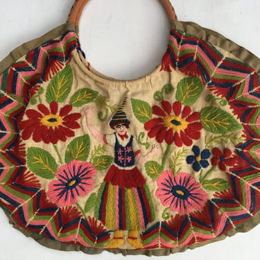 Vintage Boho Embroidered Decorative Bag, Hand Made And Stitched, Floral Design, Frida Kahlo Look Alike, Very Light Duty Purse 