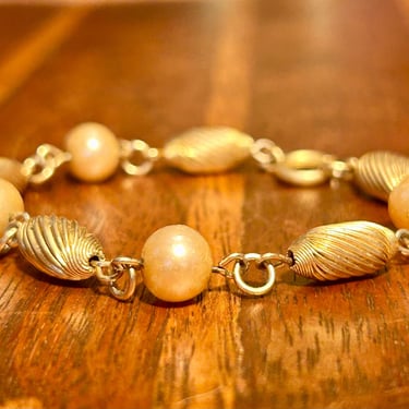 Vintage Marvella Imitation Pearl Bracelet Gold Tone Beads Retro Fashion Gift 