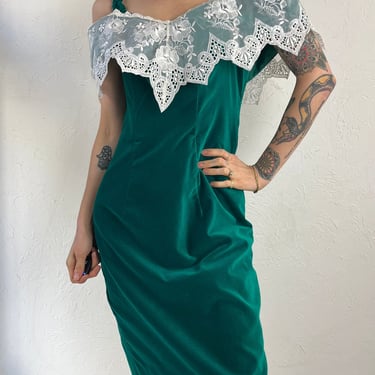80s 90s Green Velvet Evening Dress / Small 