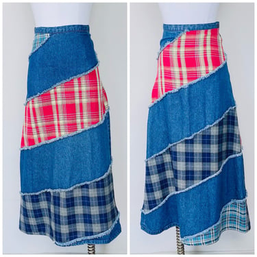 Y2K Vintage Brother King Patchwork Maxi Skirt / High Waisted Plaid Flannel Fringe Denim Skirt / Size XS - Small 