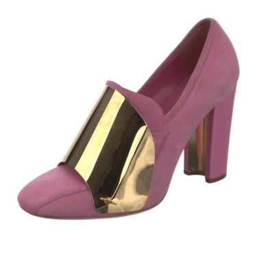 Vintage YSL Yves Saint Laurent Rive Gauche Pink Suede Leather Pumps Heels with Gold Metal Detailing It 39 US 8.5 - 9 
