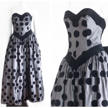 1980s Designer Gray Ball Gown with Black Velvet Polka Dots from Terence Nolder 