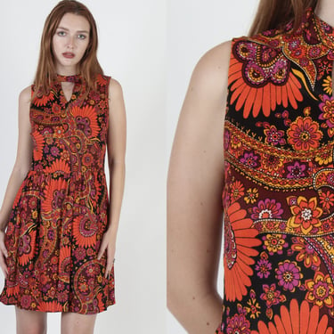 1970s Psychedelic Scooter Dress, Cute Mod Abstract Print, Vintage 70s Disco Party Outfit, Mandarin Inspired Go Go Party Short Dress 