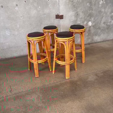 Set of Four Mid Century Modern Bamboo Barstools With Black Vinyl Seats