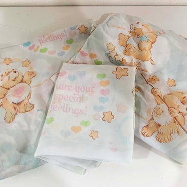 Vintage Care Bears Fitted Flat Sheet Set Twin Bed Pillowcase Kawaii Kid's Nursery Baby Shower 1980s 