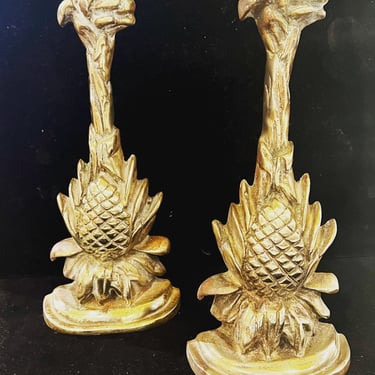 970s Solid Cast Patinated Brass Pineapple Bookends Hollywood Regency