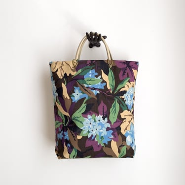 floral tote bag 60s vintage cottagecore purple green blue large handbag purse 