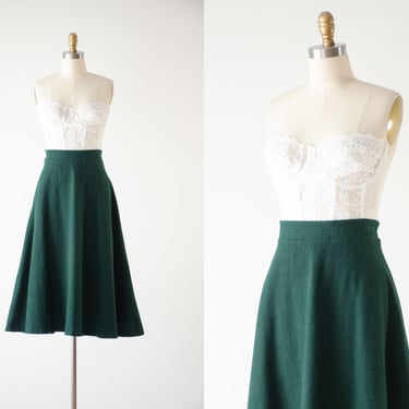 green wool midi skirt | 80s 90s vintage forest green dark academia fit and flare wool skirt 