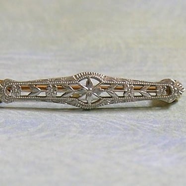 Antique 14K White Gold Edwardian Brooch Bar Pin, Antique 14k White Gold Bar Pin (#4468) 