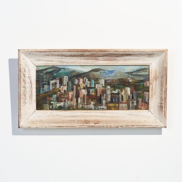 1950s Vintage “Hill Town” Oil Painting by Doris Tinkham // Wide Framed Original MCM Cityscape // Artist Signed 