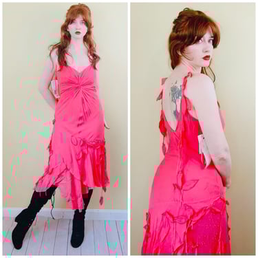 Y2K Deadstock Sue Wong Coral Silk Fairy Dress / Vintage Beaded Leaf Bias Cut Midi Gown / Size Large 