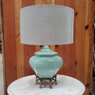 Vintage Seafoam Green Ceramic Lamp on Brass Stand (2 Available)