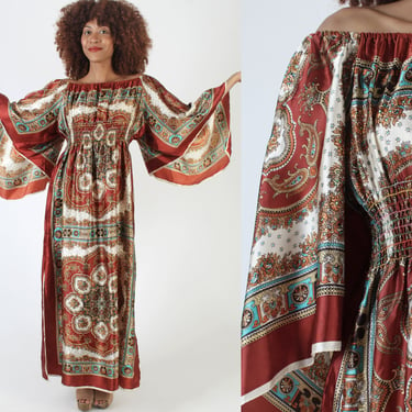 70s Paisley Scarf Dress, Large Kimono Angel Sleeves, Floor Length Handkerchief Print, Elastic Smocked Long Maxi Sundress 