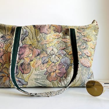 Handmade Vintage 90s Iris Floral Print Tapestry Weekender Tote Bag 