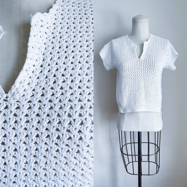 Vintage 1970s Hand Crochet White Knit Top / S 