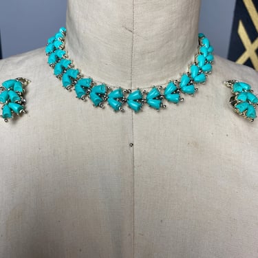 1950s necklace and earrings, Kramer set, Demi parure, thermoset, vintage jewelry, mrs maisel style, madmen, turquoise plastic, bluebells 