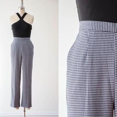 high waisted pants | 80s 90s vintage gray navy blue houndstooth checkered plaid dark academia straight leg trousers 