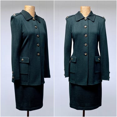 Vintage St. John Collection by Marie Gray Skirt Set, Forest Green Military Style Jacket & Pencil Skirt, Santana Knit Wool/Rayon Blend, Small 