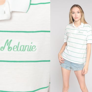 Melanie Shirt 90s Striped Polo Shirt Embroidered Name Collared Shirt Short Sleeve Retro Preppy Streetwear White Green Vintage 80s Medium M 