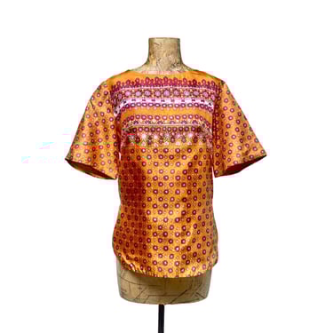 Vintage 1960s Orange Indian Print Rayon Blouse, 60s Alex Colman Short Sleeve Back Button Top, Medium 38